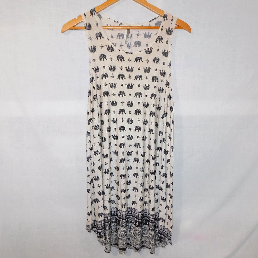 Moa USA Womens X1 ( 1XL ) Cream Black Elephant Print A Line Tank boho Dress